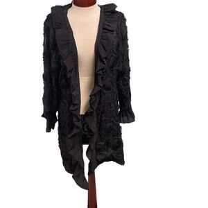 Grace Chuang Jacket Sheer Black Textured Flowers Open Jacket Ruffle Size Large